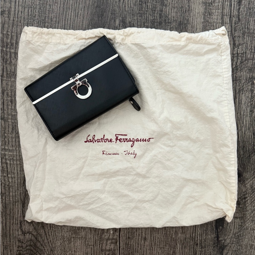 Salvatore Ferragamo Black and Silver Leather Wallet